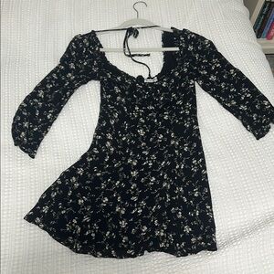 Reformation Black and White Puff Sleeve Smocked Blouse